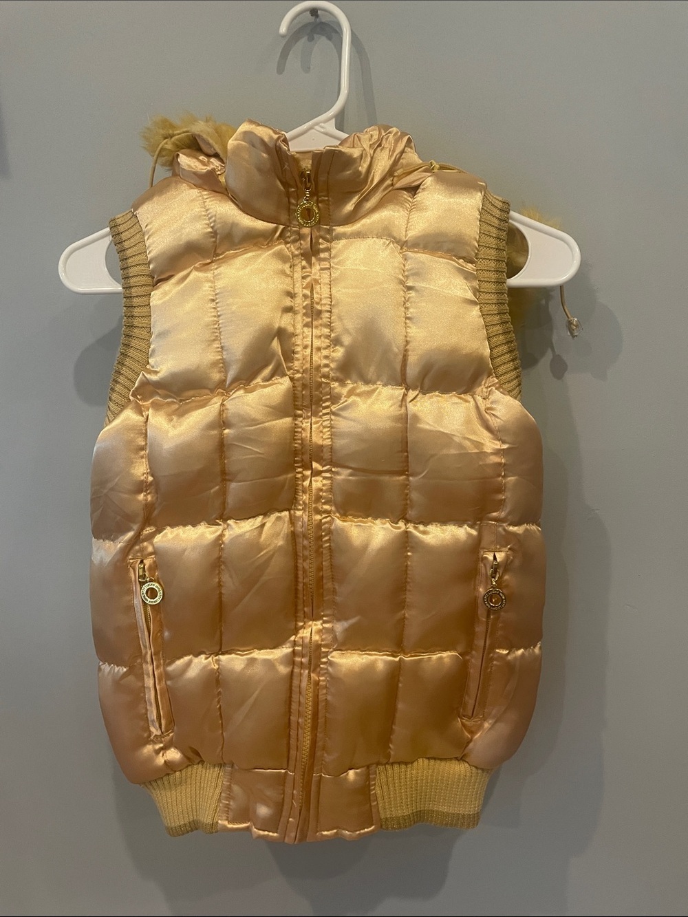 Satin Quilted Puffer Vest in Champagne gold